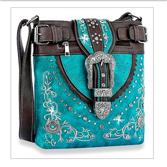 Handbags - Turquoise Western Buckle Crossbody with Embroidery